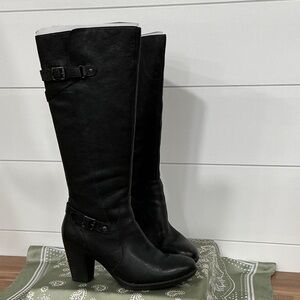b.o.c. Black Knee-High Buckle-Heel Boots